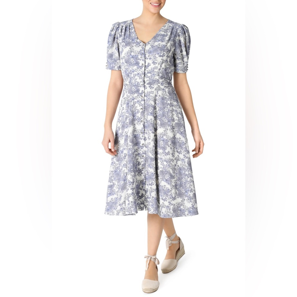 Nordstrom Julia Jordan blue ivory floral midi dress puff sleeve button front